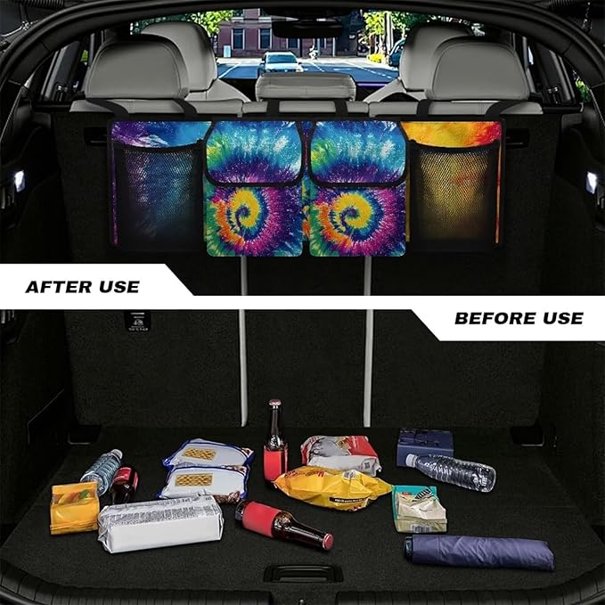 Rainbow Tie Dye Print Large Capacity Trunk Organizer Car Hanging Cargo Storage Bag, 4 Compartments, Multi-color