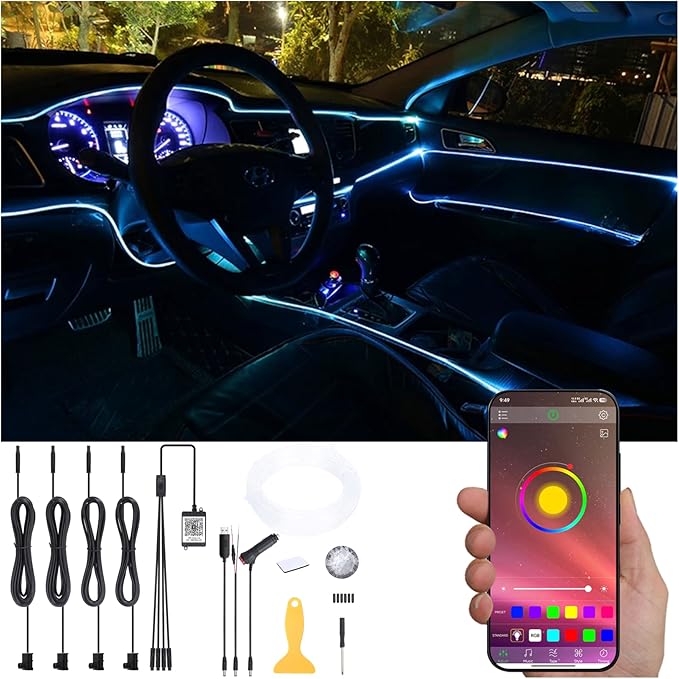 5 m Optic Fiber Car Ambient Lighting Kit Bluetooth App Control 64 Colors Multicoloured Music Interior Lighting Kit 12V 1W