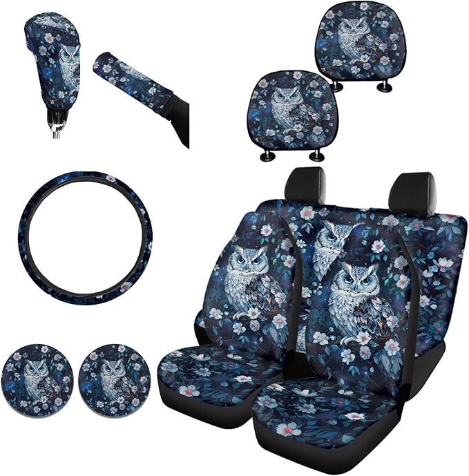 FKELYI Floral Owl Headrest Covers with Steering Wheel Protector for Women Car Seat Cover, Gear Shifter Knob and Handbrake Cover Set, Cup Coasters