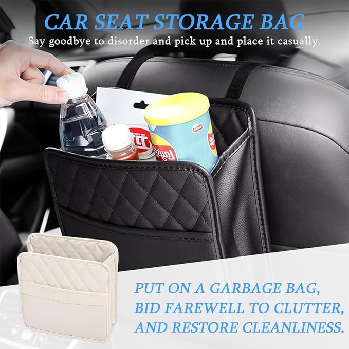 Car Seat Back Organizer, Leather Multipurpose Collapsible Vehicle Backseat Hanging Bag, Portable Automotive Interior Seat Storage Organizer, Universal for SUV RV Truck (Beige)
