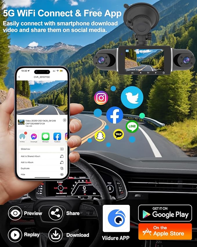 4 Channel Dash Cam Front and Rear Inside Left Right, 360° Dash Camera with 5GHz WiFi & App Control, 24H Parking Monitor, Super Night Vision, G-Sensor, Loop Recording, 64GB SD Card Included