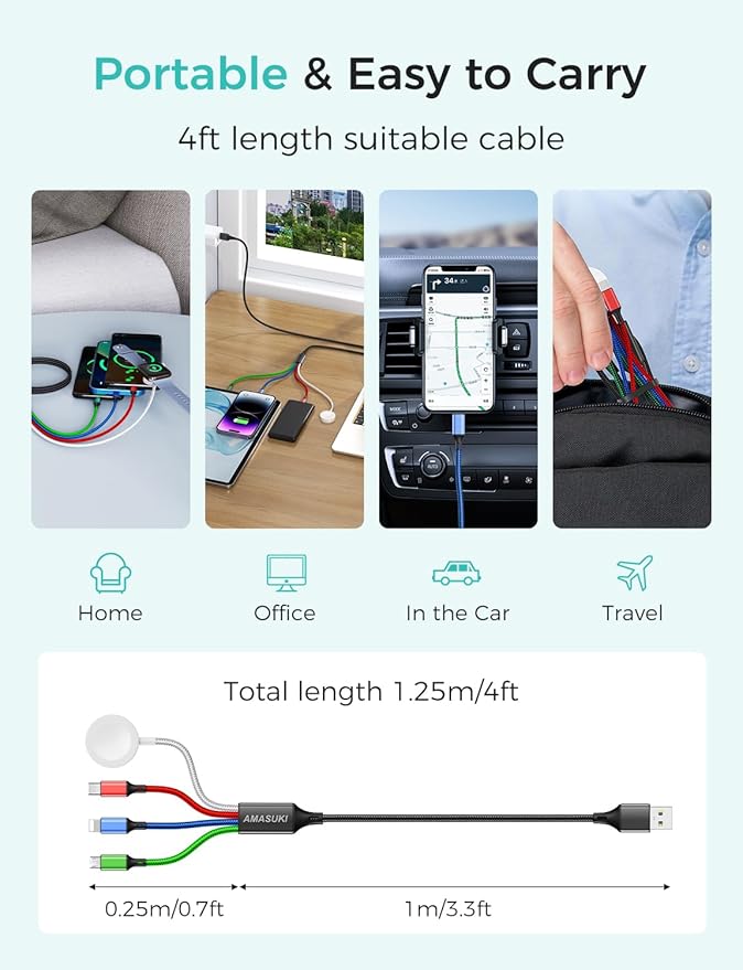 Travel Essentials,4 in 1 for Apple Watch Charger/iPhone Charger/Multi Charging Cable,2026 Cruise Vacation Essentials,USB C/L/Micro Portable Charger for iWatch 11-1/iPhone 17-12,Car,eBook Reader-4FT