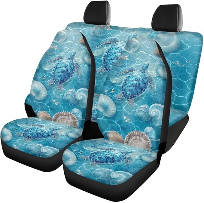KEIAHUAN Blue Sea Turtle Front and Back Car Seat Covers Front Saddle Blanket Rear Split Bench Protection Cover Soft and Breathable Automotive Accessories Universal Fits Sedan Truck SUV