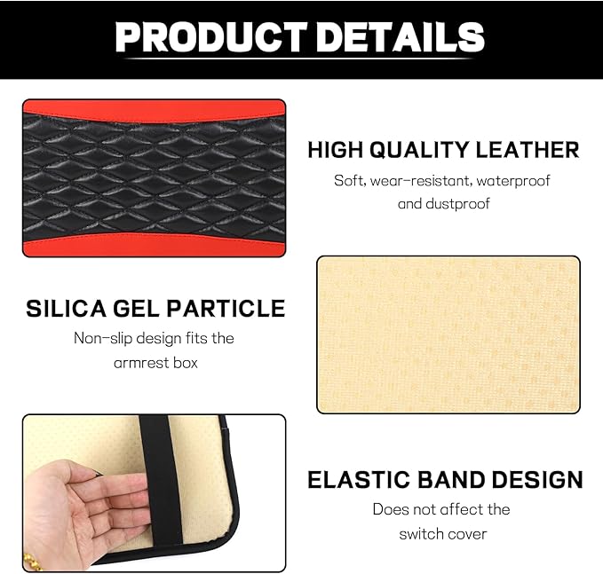 Car Center Console Cushion Pad, 12.72"×7.52" Leather Waterproof Auto Armrest Seat Box Protector, Car Center Console Cover, Universal Interior Decor Car Accessories for SUV Truck (Red)