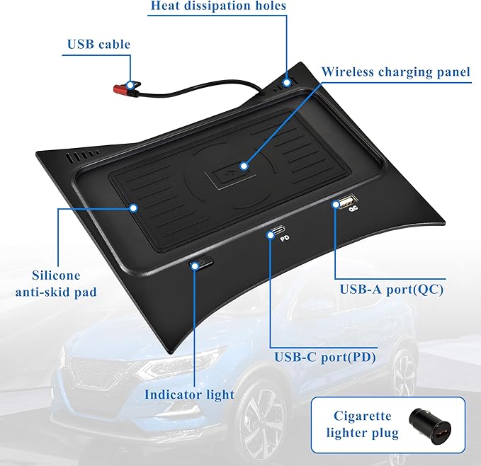 Wireless Charger for Nissan Rogue S, SV, SL, 30W Fast Charging USB-A USB-C 15W Wireless Charger Pad Panel for Nissan Rogue T32 2014-2020, Hybrid 2017-2019, Sport 2017-2020 Accessories