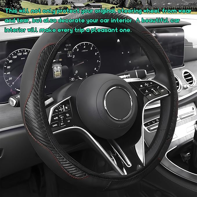 Car Steering Wheel Cover, 15 inch Carbon Fiber Microfiber Leather Elastic Steering Wheel Protector, Breathable Anti-Slip Comfortable Steering Wheel Covers for Most Cars (Black)