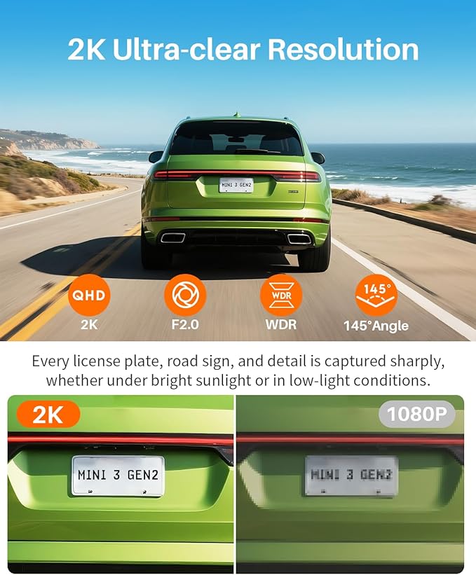 KAWA 2K Tiny Dash Cam, 1296P QHD Mini Car Camera DashCam - Voice Control, G -Sensor, Free 32GB TF Card, Built-in WiFi, APP Control, WDR/3D DNR with Super Night Vision, 24H Parking Mode