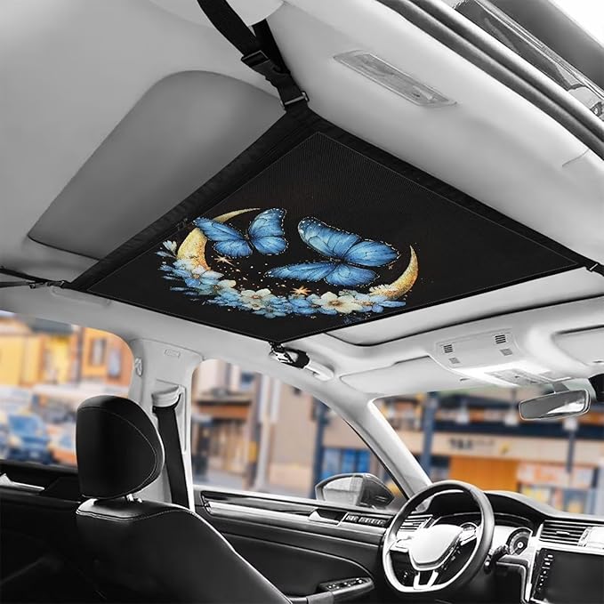 Generic Butterfly Moon Ceiling Storage Net Pocket Car Roof Interior Cargo Net with Zipper, Double-Layer Mesh Roof Organizer, Breathable Mesh Bag, SUV Sundries Storage Pouch