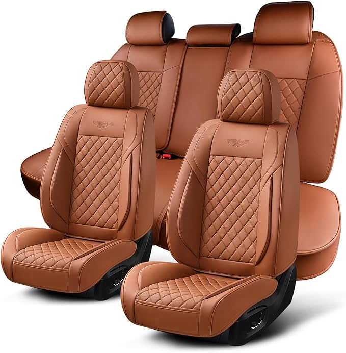 Auto Car Seat Covers Full Set Leather Cushion Protector Breathable Waterproof Seat Cover for Cars Universal Fit (Mature Brown, Full Set Without Headrest)
