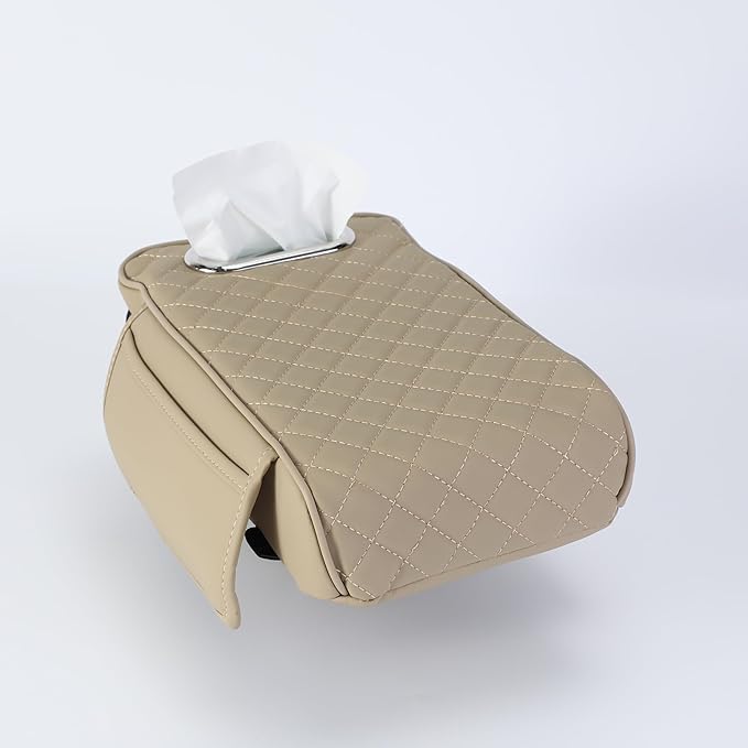 Upgraded Multi-Functional Car Center Console Cover, PU Leather Armrest Pad Cushion with Memory Foam Cushion, 2 Storage Pockets, Tissue Box Hole for Sedan Vehicles, 7 Colors (Beige)