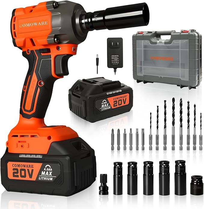 COMOWARE 650N.m (480 ft-lbs) Cordless Impact Wrench, 1/2" Brushless High Torque Impact Gun, 20V 4.0Ah Battery & Fast Charger, 6 Sockets w/case, 3-Speed Control (0-3000RPM) for Car, Truck RV, Mower
