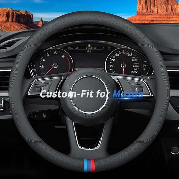 Custom-Fit Mazda Steering Wheel Cover, Premium Leather, Non-Slip, Breathable, D-Style, For Mazda Accessories
