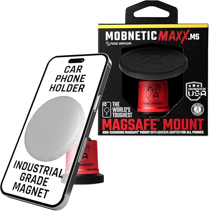 Mob Armor MobNetic Maxx MS - MagSafe Compatible Car Phone Mount w/ 90º Tilt, 360º Rotation & Durable Aluminum Build, Magnetic Holder for iPhone & Android Devices, USA Assembled - Red