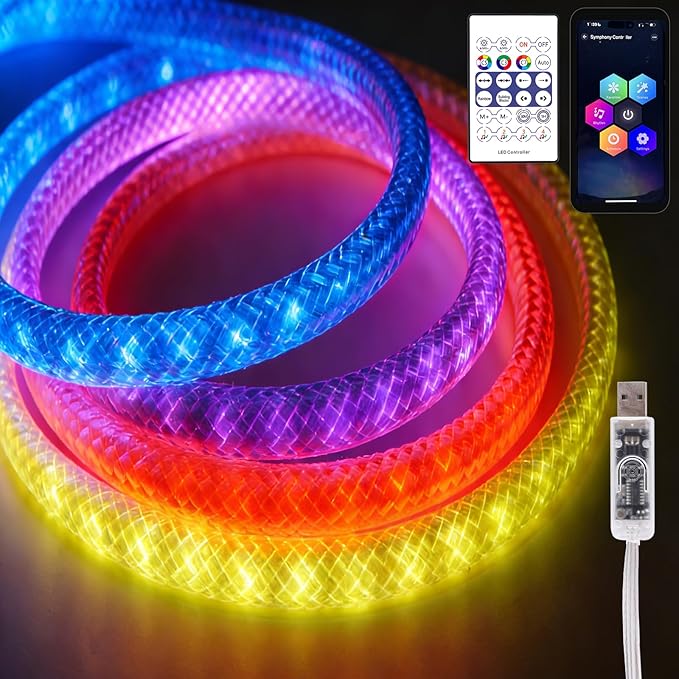 iNextStation 9.84FT/3M LED Strip Lights, 360° Glow Braided Smart IC USB Rope Light, Neon Rope Light with Music Sync, IP67 Waterproof, App & Remote Control Rope LED Lights, Color Changing for Bedroom