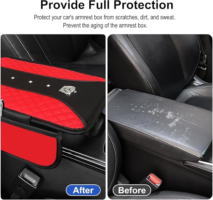 NBTEPEM Bling Crown Car Center Console Armrest Cover, Leather Middle Console Cover Cushion with 2 Storage Bags, Car Armrest Storage Box Interior Accessories for Most Vehicles(Red)
