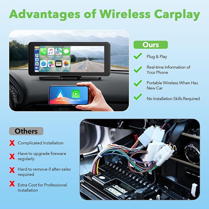6.86" Wireless CarPlay Screen for Apple Carplay and Android Auto, Dual Dash Cam 2.5K Front 1080P Rear Recording, Voice Control, GPS Navigation, Mirror Link, Bluetooth, FM, AUX, Fits Most Cars