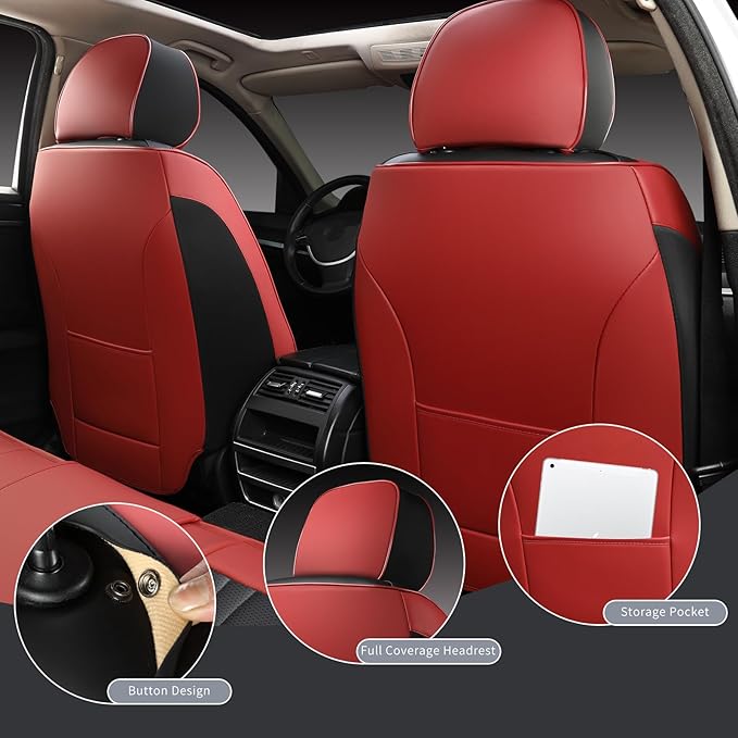 Leather Car Seat Covers,Car Seat Protector Waterproof,Seat Covers Full Set, Car Seat Protectors 5 Seats,Automotive Seat Covers Fit Most Cars Wine Red