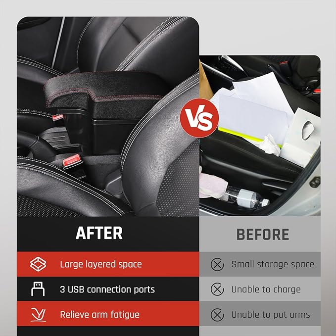 YJYWZH Car Armrest Storage Box for Toyota Hilux Center Storage Box Organizer Interior Hand Centre Consoles with 3 USB Port Arm Rest Double-Layer Accessories