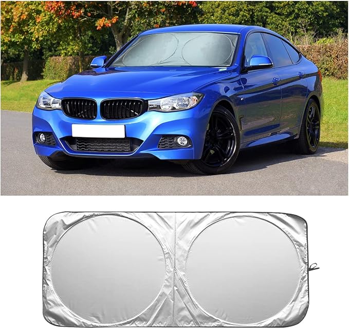 Foldable Windshield Sun Shade, Bonus Steering Wheel Sun Shield to Block UV Rays Keep Your Vehicle Cooler, Easy to Use Car Interior Accessories (59.2"x27.2")