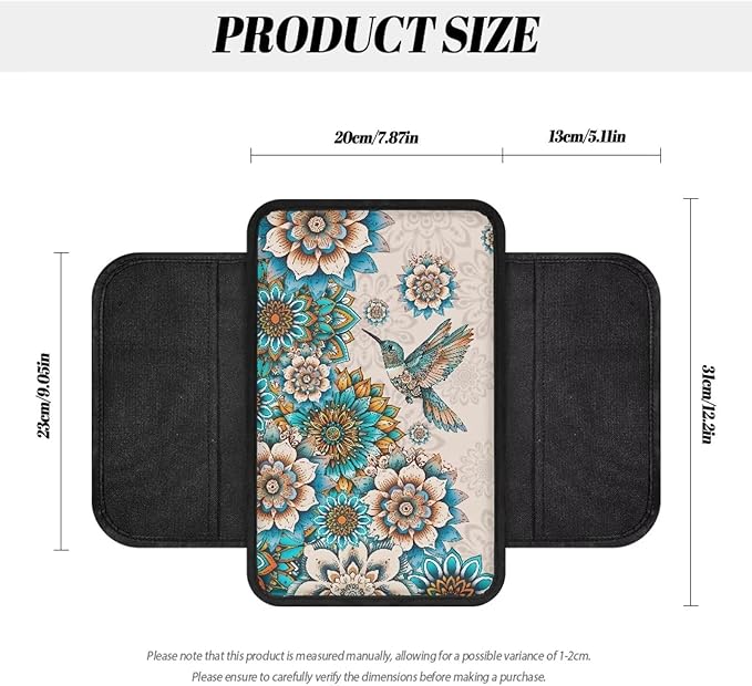 Hummingbird and Boho Mandala Print Car Armrest Cover Stretchy Car Armrest Cover Cushion Elastic Armrest Seat Box Cover Protector Center Console Armrest Cover Pad