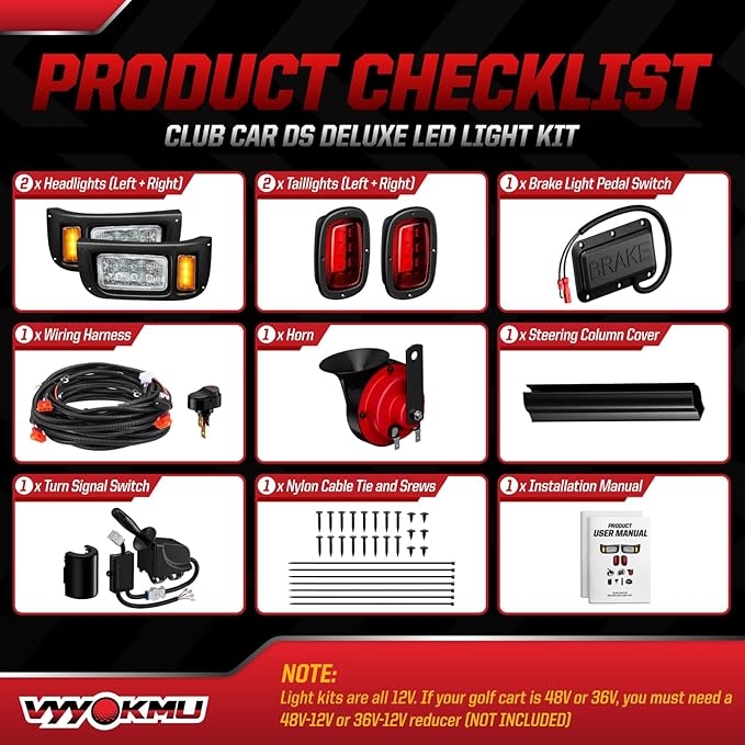 Deluxe Club Car DS 12V LED Headlight Tail Light Kit, Club Car Headlight Taillight Kit for 1993-UP DS Gas&Electric, Golf Cart Street Legal light Kit with Turn Signal Kit Horn Brake Pad Wire Harness
