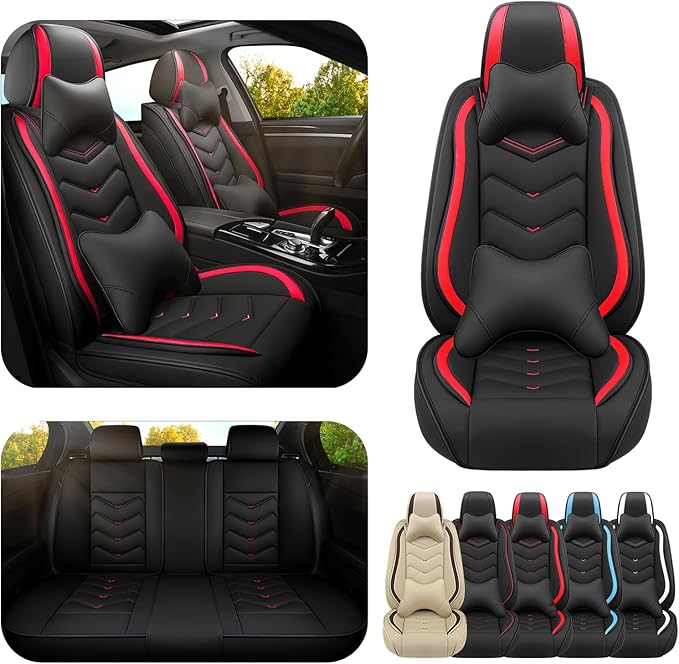 Car Seat Covers for Fiat 500 2012-2019, Premium Nappa Leather Car Seat Cover, Stylish Sport Seat Covers， Automobile Seat Cover Sets.(Luxury 5 Seats/Black Red)