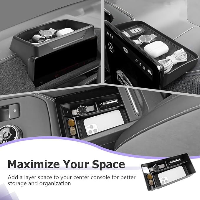 LUWU 3PCS 2025 2026 Mustang Mach E Dashboard Storage Tray Compatible with Ford Mustang Mach E 2021-2026 Accessories Center Console Armrest Box Hidden Organizer Tray Behind Screen ABS Material