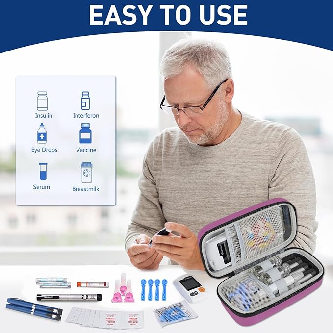 Insulin Cooler Travel Case, Portable Temperature Display Medicine Travel Cooler, Diabetes Case with 2 Reusable Ice Packs TSA Approved for Diabetic Supplies Patent Pending(Purple)