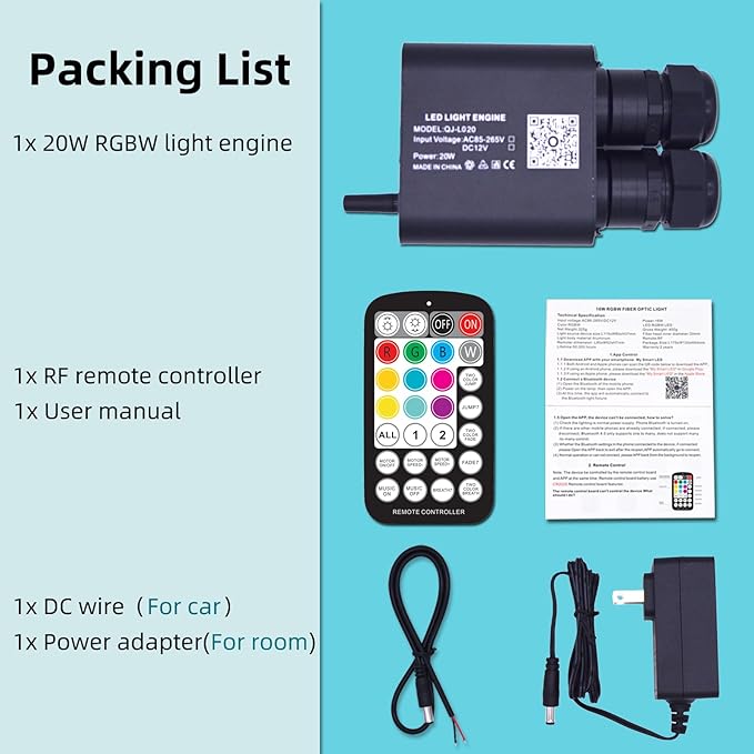 Twinkle 20W Dual Port Colour Blocking Bluetooth APP Control Music Sync Fiber Optic Light Source RGBW Light Box Engine Diver for Car Starlight Headliner Home Indoor Star Ceiling Decoration