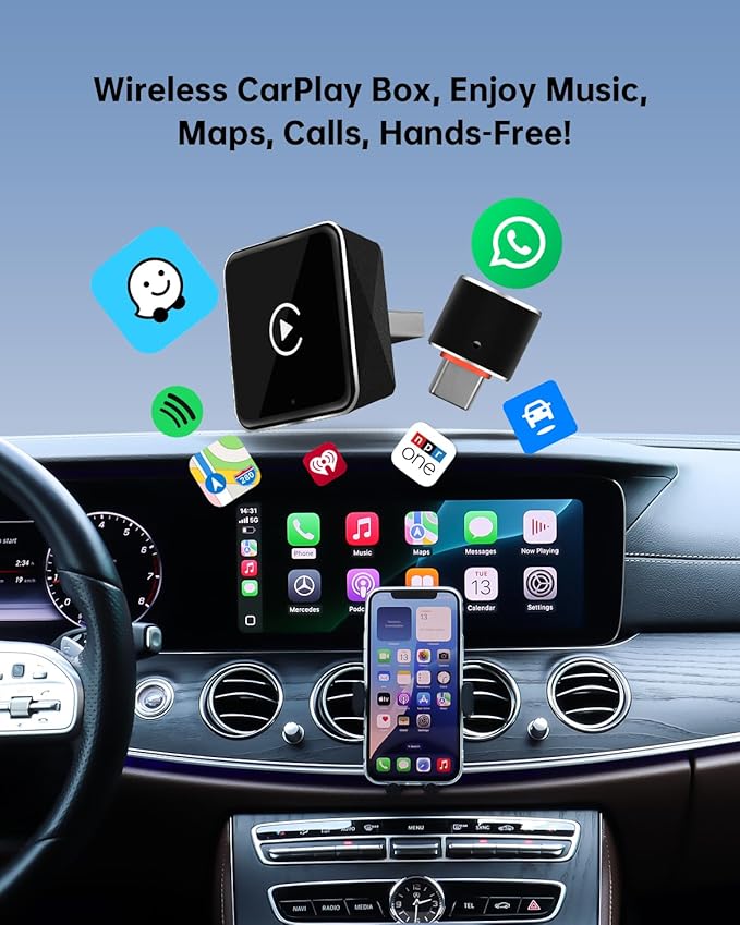 2025 Upgraded Apple Car Play Wireless Adapter for iPhone - Factory Wired CarPlay to Wireless, Auto-Reconnect, Plug & Play for iOS 10+ (iPhone 6+), Fast Stable Connection, Mini Design for Cars 2016+