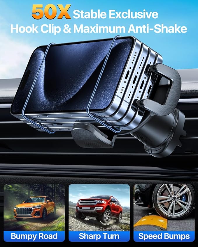 HTU 【Military-Grade Car Phone Holder,【Strongest & Longest Steel-Hook】 Car Vent Mount, Handsfree 360° Adjustable Automobile Cradle Air Clip Stand for iPhone 17 16 15 14 Pro Max Samsung (Graphite Gray)