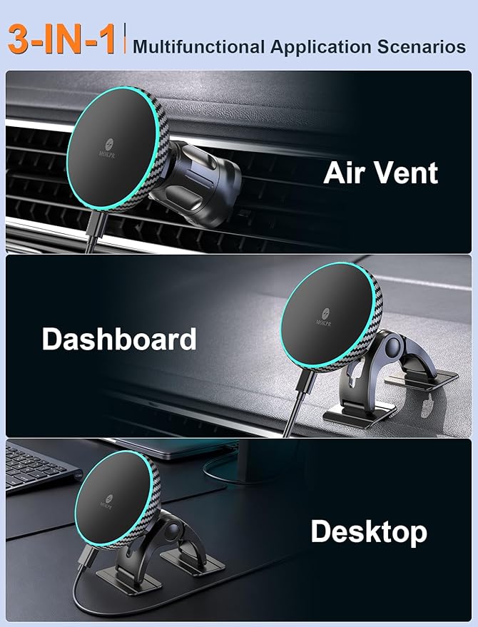 MOKPR for iPhone Magsafe Car Mount Charger, Wireless Car Charger Magnetic Car Phone Holder for Dash Air Vent-LED HandsFree Car Mount Fast Car Charger for iPhone 17/16/15/14/13/12 Carbon Firber
