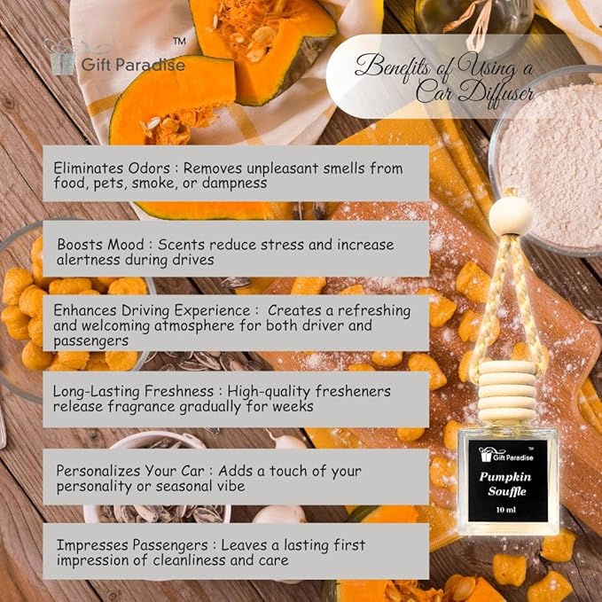 Pumpkin Soufflé Car Air Freshener Set of 3 (10 ml Each) by Gift Paradise – Warm Baked Fall Scent for Car, Home & Office – Handcrafted | Velvet Gift Bag | Long-Lasting Premium Oil