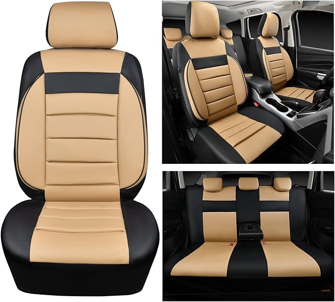 CAR PASS Leather Seat Covers Full Set Universal Water Resistant 3D Foam Back Support, Luxury Comfort Automotive 5 Seat Covers All Season Fit for SUV,Sedan,Van, Airbag Compatible Elegance(Beige Black)