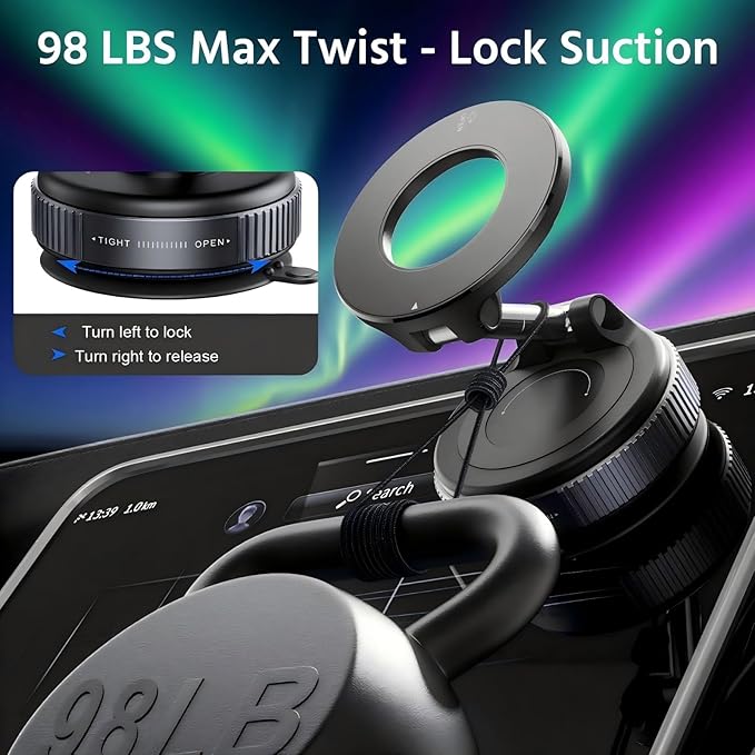 Upgraded Magnetic Phone Holder for Car, 360° Adjustable Vacuum MagSafe Car Mount, Reinforced 98 LBS Ultra Suction Cup Foldable Bracket, Works with iPhone, Android and All Smartphones