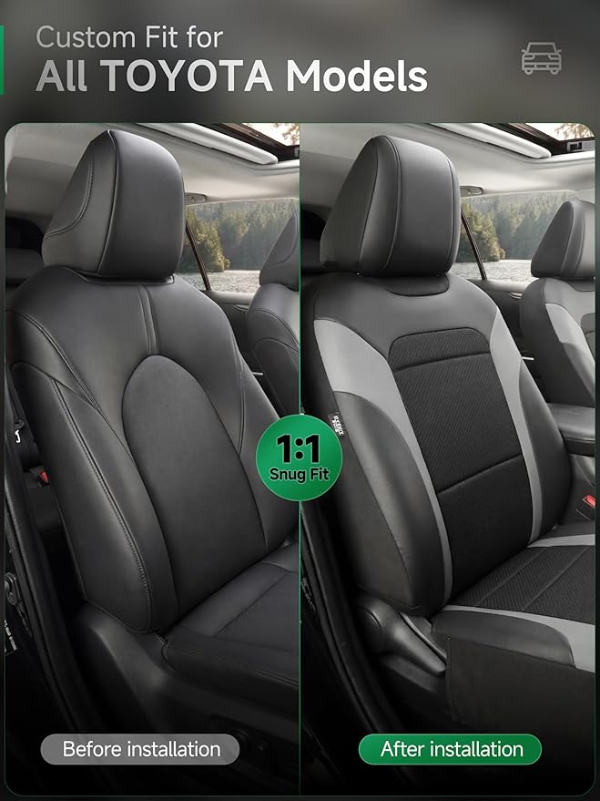GIANT PANDA Air Cool Mesh Car Seat Cover Custom Fit Toyota Rav4 Camry Highlander Corolla Prius,Breathable Cooling Seat Protector with Leather Back Pannel(Black+Gray)