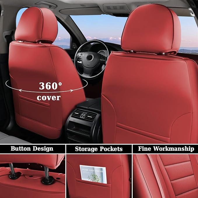 Coverado Car Seat Covers Full Set, Nappa Leather Seat Covers for Cars, Car Seat Protector Car Seat Cushion, Front and Back Seat Protectors Cushions Universal Fit for Most Cars Vehicles(Red)