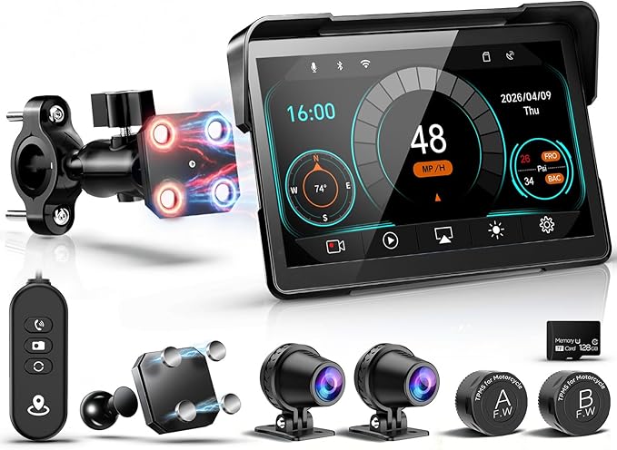 2026 LBW 7" Wireless GPS Motorcycle CarPlay(Includes 128G SD) with Android Auto Navigation, Dual 2K Dash Cam, HD Waterproof Screen, TPMS, Remote Control, BT, Quick Release Anti-Theft Design Mount