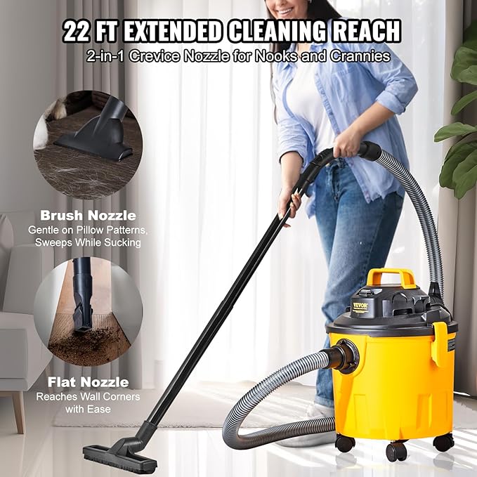 VEVOR 5 Gallon 6.0 Peak HP Wet and Dry Shop Vac， Portable Shop Vacuum and Blower 3-in-1 with Filter, Hose and Attachments for Home and Car Cleaning Black/Yellow