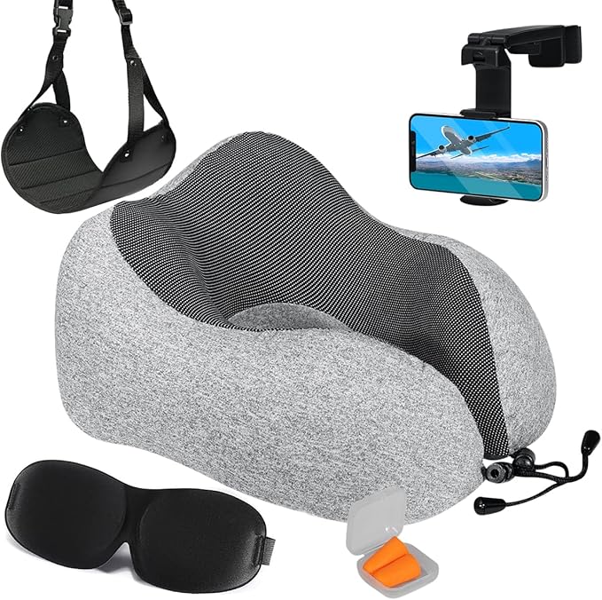 Homeify Airplane Travel Kit – Adjustable Memory Foam Airplane Neck Pillow with Phone Holder, Eye Mask, Foot Hammock, and Earplugs – 6 Piece Plane Travel Essentials for Long Flights
