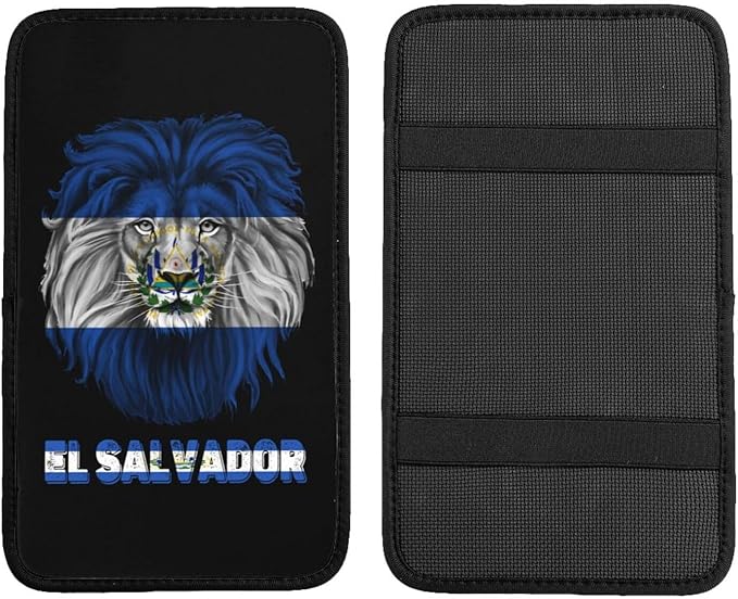 Vintage El Salvador Salvadoran Flag Lion Head Auto Center Console Armrest Cover Car Handrail Box Cushion Pad Mat Universal Fit Most Vehicle Sedan Truck SUV Soft Comfort Decor Accessories