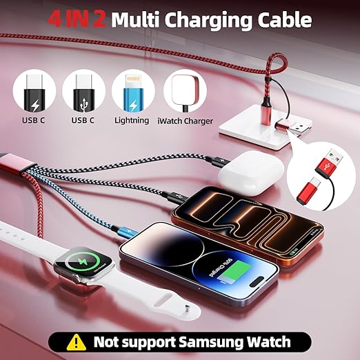 Cruise Essentials 2026, Dual Type-C 4 in 2 Multi Charging Cable for iPhone Watch Charger/iPhone 17/IP, iWatch Charger,Charger for Multiple Devices Compatible with iWatch 11-2/Ultra/iPhone 17-8,Car 5FT