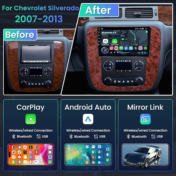 8G+128G Car Radio for Chevy Silverado Tahoe Suburban GMC Yukon 2007-2013: 8Core Android 15 Stereo with QLED HD Touchscreen Wireless CarPlay Android Auto Build-in GPS 5G WiFi DSP 48EQ Backup Camera