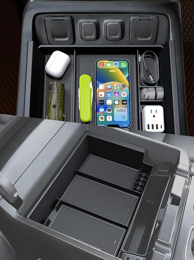 Sinvanho 2PCS Center Console Organizer Compatible with Chevy Silverado/GMC Sierra 2014-2018 1500/2500/3500HD Armrest Box Storage Tray, Truck Accessories, Full Console w/Bucket Seats Only