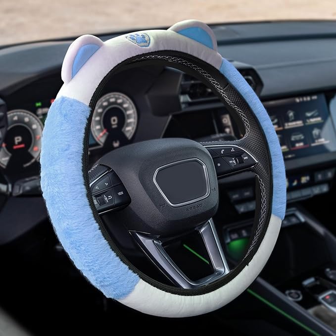 Car Steering Wheel Cover, 15 Inch Fluffy Soft Plush Auto Protector, Anti-Slip Elastic Lovely Car Cover Accessories with Kitty Cat Ears Universal for Most Vehicles (Fluffy-White+Blue)