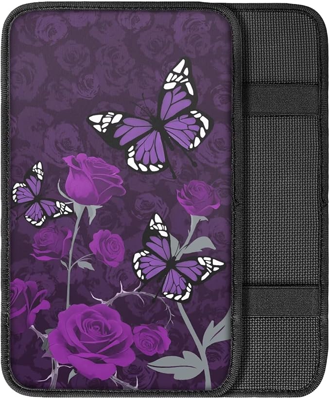 Purple Rose Butterfly Armrest Cover Pad for Cars Comfortable Soft Car Center Console Armrest Cushion Pads Rose Butterflies Auto Accessories Universal Fit for Most Cars