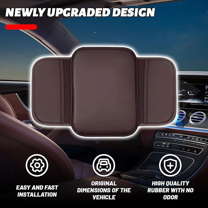 Car Center Console Cover, Leather Comfort Armrest Cover with 2 Storage Bag, Interior Car Accessories Universal Car Arm Rest Cover Pad for Car Decoration and Storage, Fit for Most Vehicle (Brown)