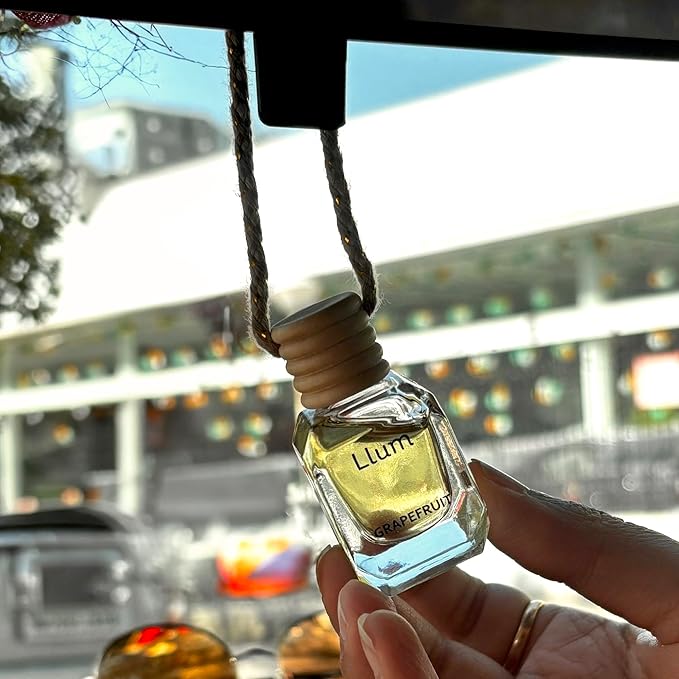 Llum Grapefruit Hanging Car Air Freshener – Luxury Automotive Perfume Diffuser 10ml (0.34 fl oz), Long-Lasting Fragrance, Alcohol-Free Non-Toxic Car Scent, Glass Bottle With Wood Cap & AC Vent Clip