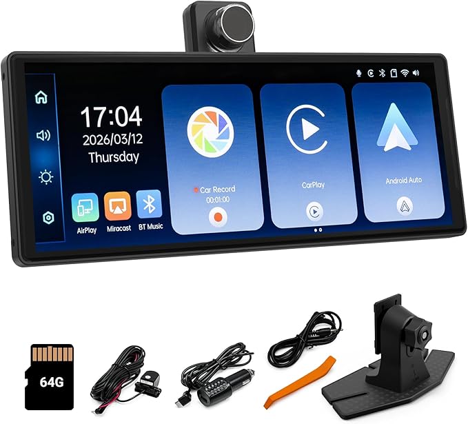Wireless CarPlay and Android Auto 10.26-inch Touchscreen, 4K Dash Camera and 1080p Backup Camera, Universal Portable car Display, Equipped with 64G Memory Card