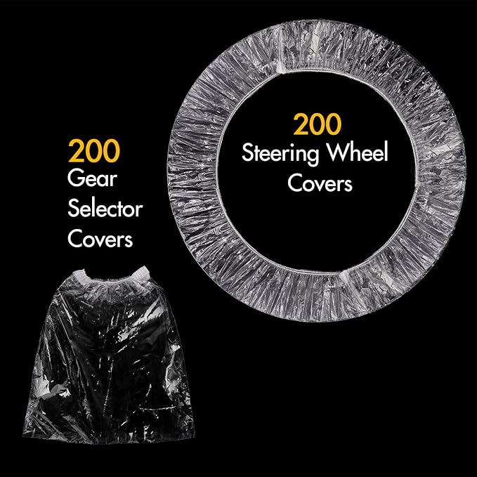 Lawei Sef of 400 Disposable Steering Wheel Covers and Gear Selector Shifter Knob Covers, Universal Plastic Transparent Car Steering Wheel Covers with with Elastic Bands, Disposable Gear Shift Cover